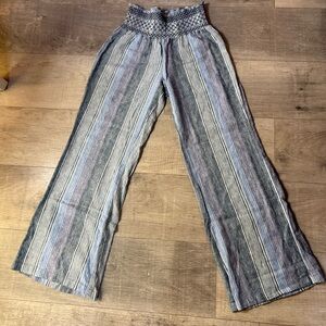 SO Women’s Wide Leg Flare Linen Blend Pants Size Medium Blue Striped Y2K